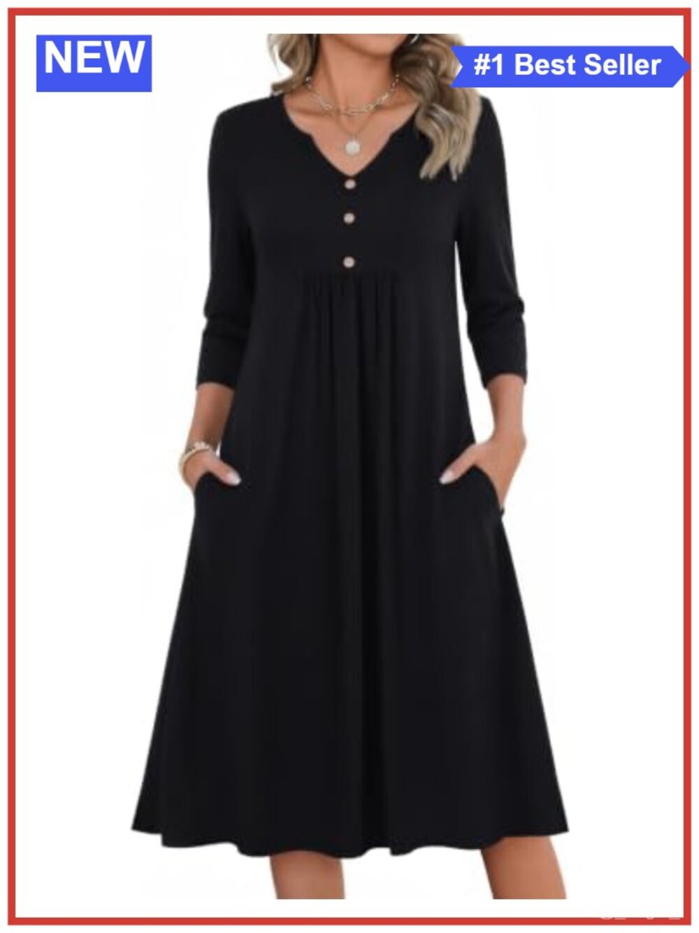 3/4 Sleeve Casual A-Line Midi Dress with Pockets